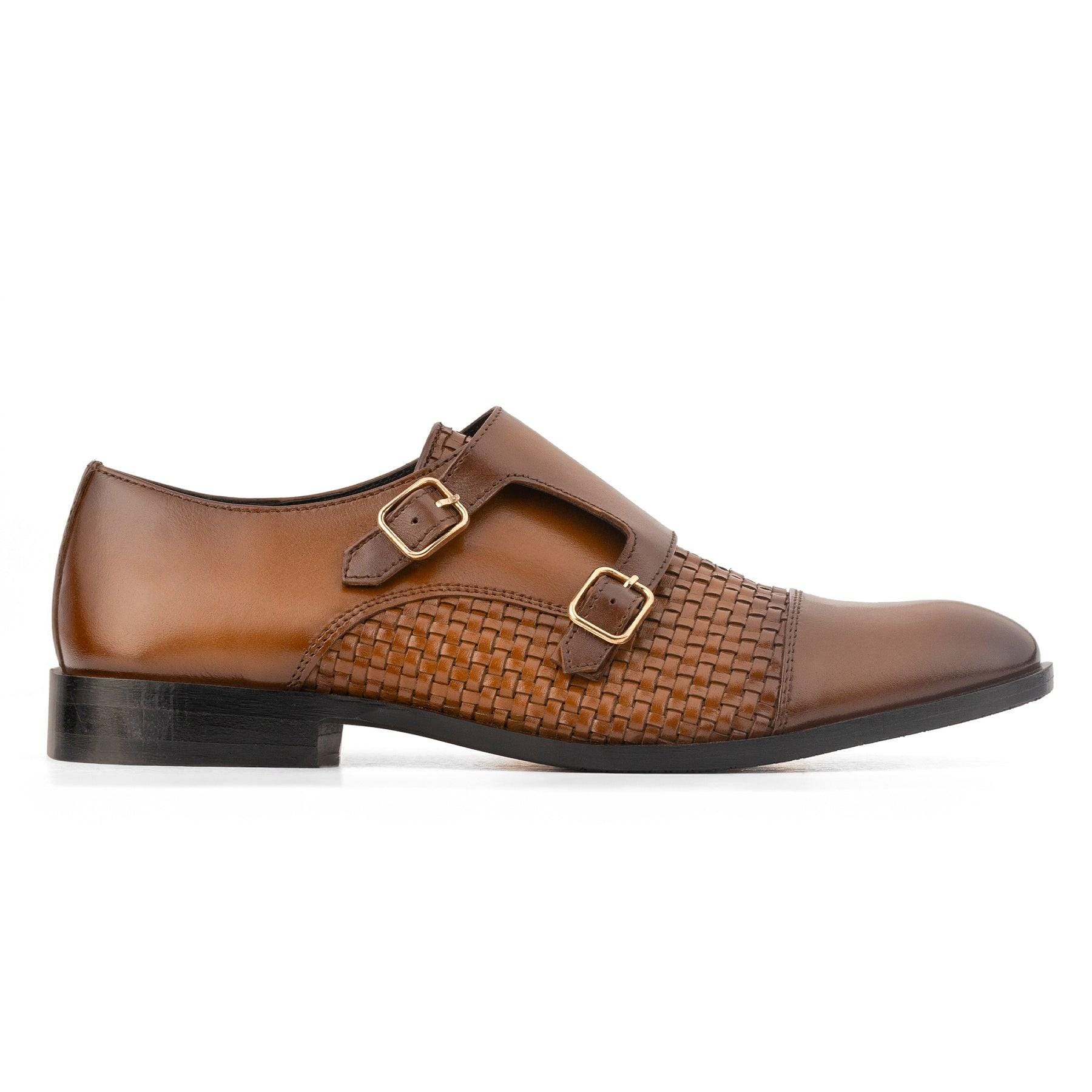 Men's Brown Leather Double Monk Strap Dress Shoes