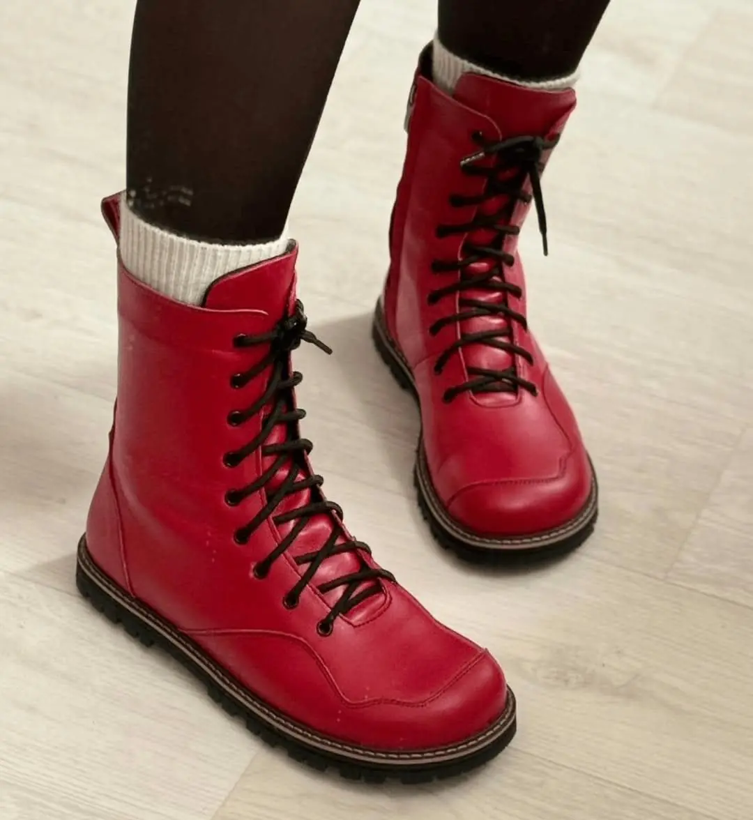 Winter Black Leather Boots Women Handmade Anatomical Lace
