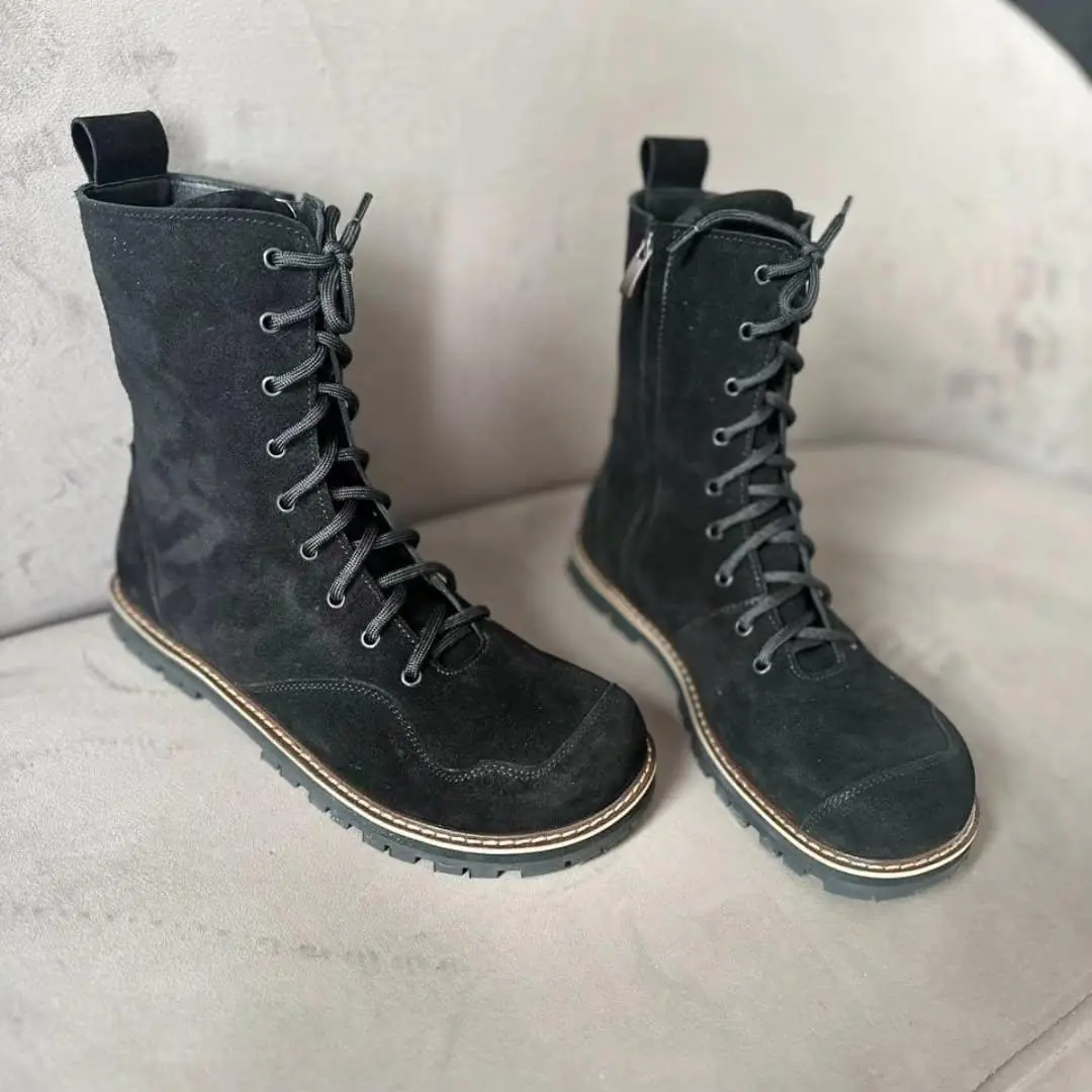 Winter Black Leather Boots Women Handmade Anatomical Lace