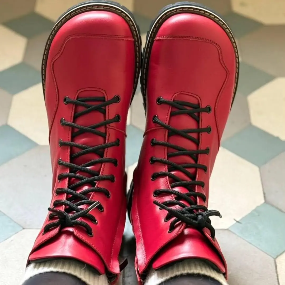 Winter Black Leather Boots Women Handmade Anatomical Lace